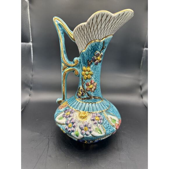 H Bequet Quaregnon Hand Painted Blue Gold Trim Pitcher Vase Belgium Anemone - Picture 2 of 10